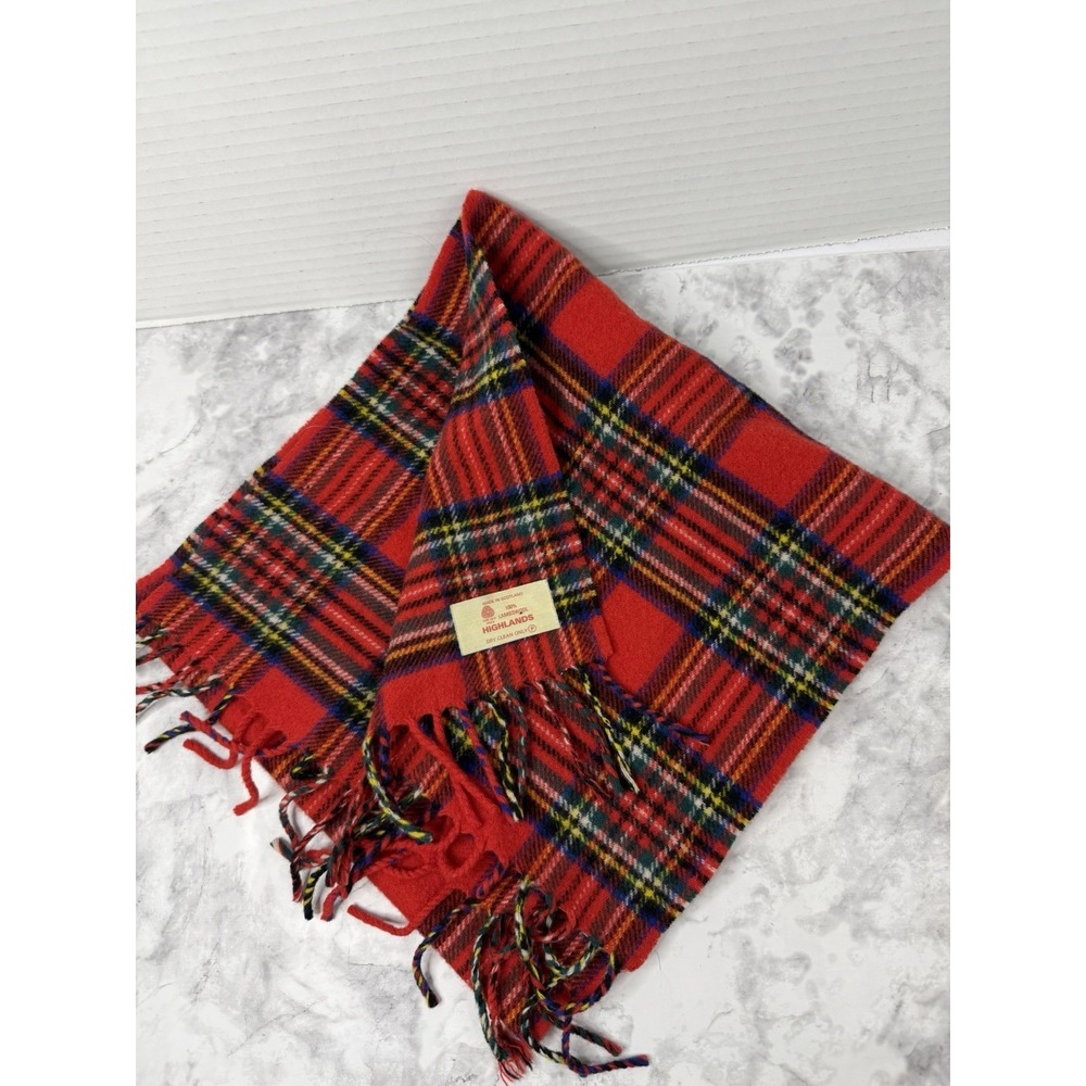 Vintage Highlands 100% Wool Red Tartan Plaid Scarf 48x11 Made In Scotland NWOT